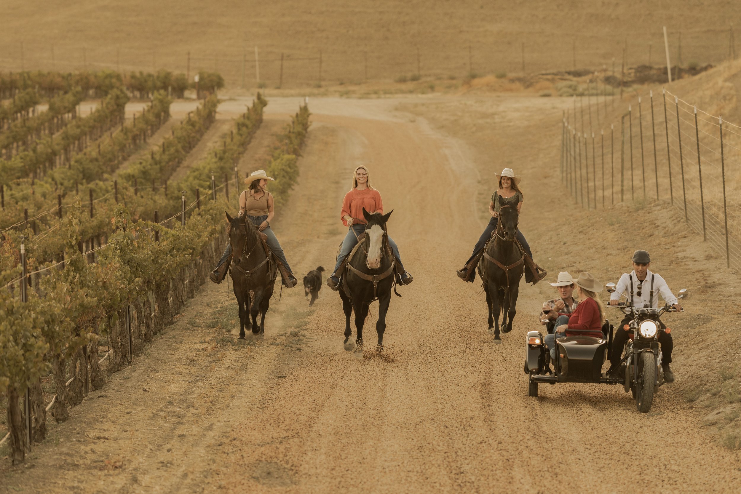 a group of people riding horses on a dirt road