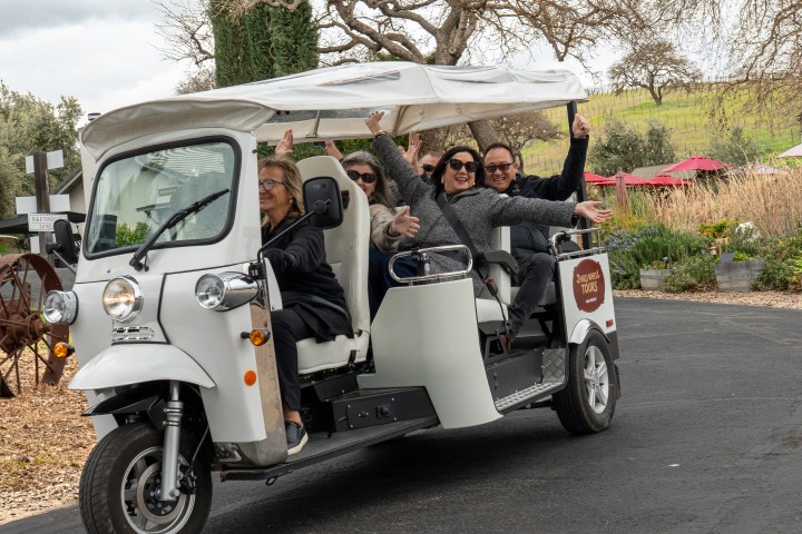 Group of people enjoying a ride in an open-air tour vehicle.