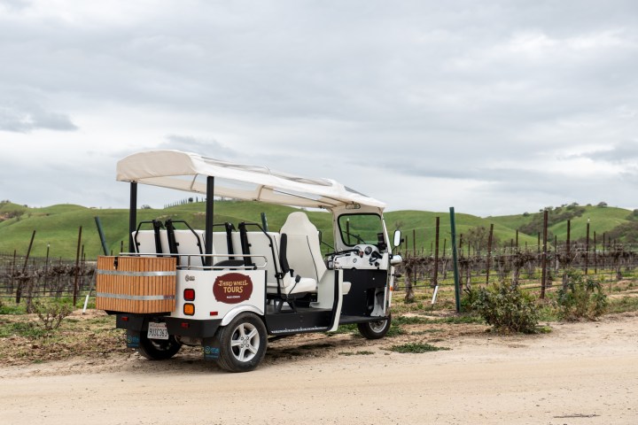 White tour vehicle parked near vineyard on a cloudy day.