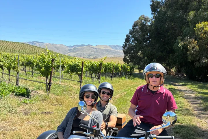 Three people on a motorcycle with sidecar in a vineyard under a clear blue sky.